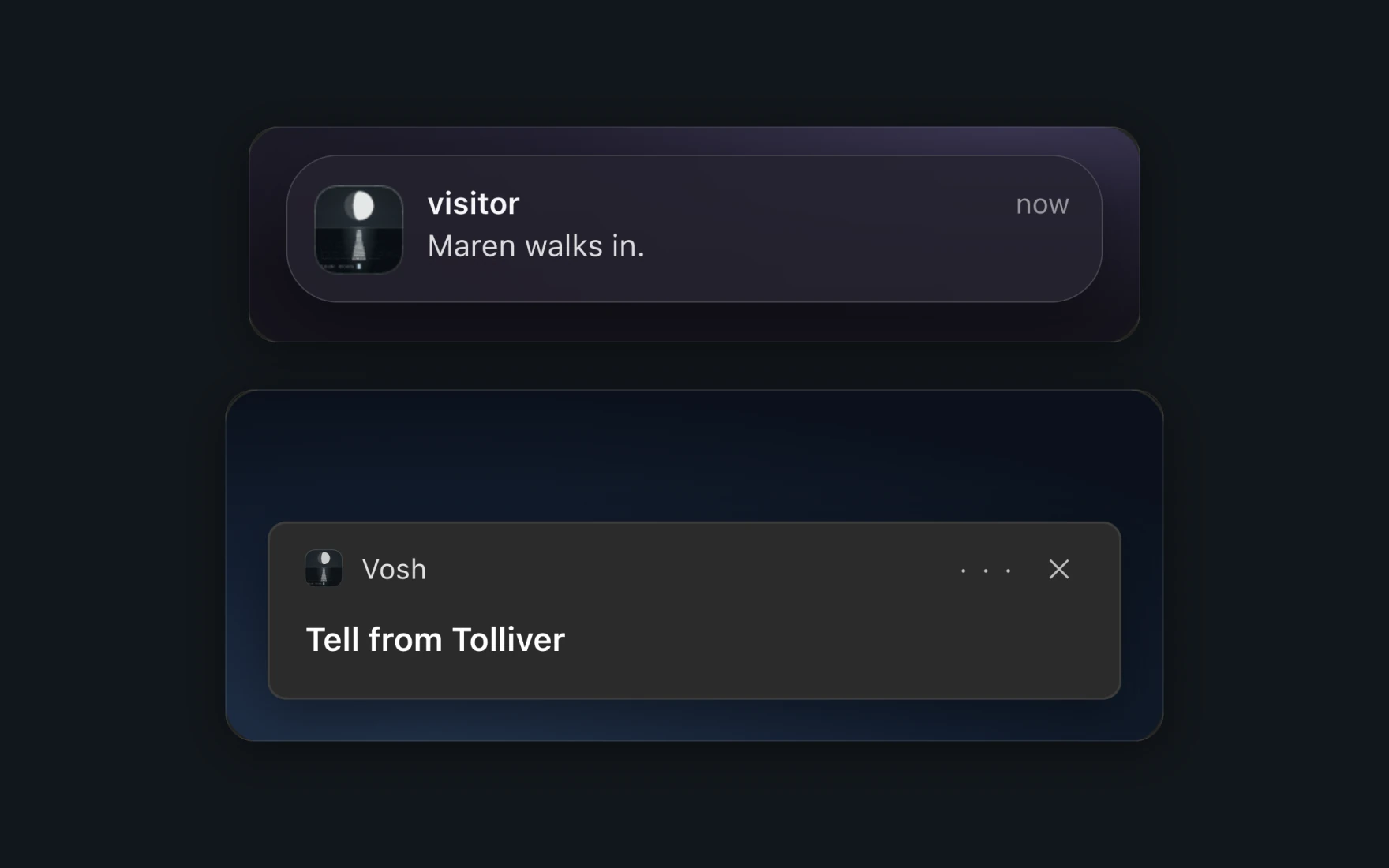 A macOS banner from a trigger named visitor reading Maren walks in, over a Windows notice of a tell.