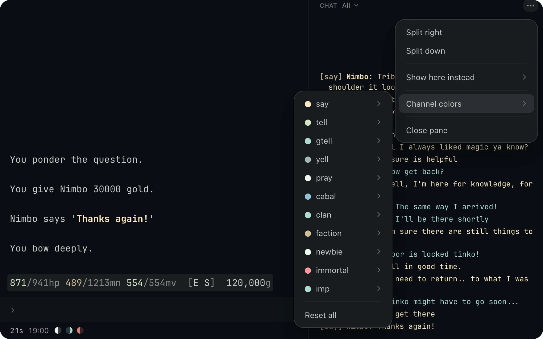 The Chat pane menu with Channel colors open, gtell recolored to bright cyan, and the group tells in the pane drawn in that color beside yellow says.