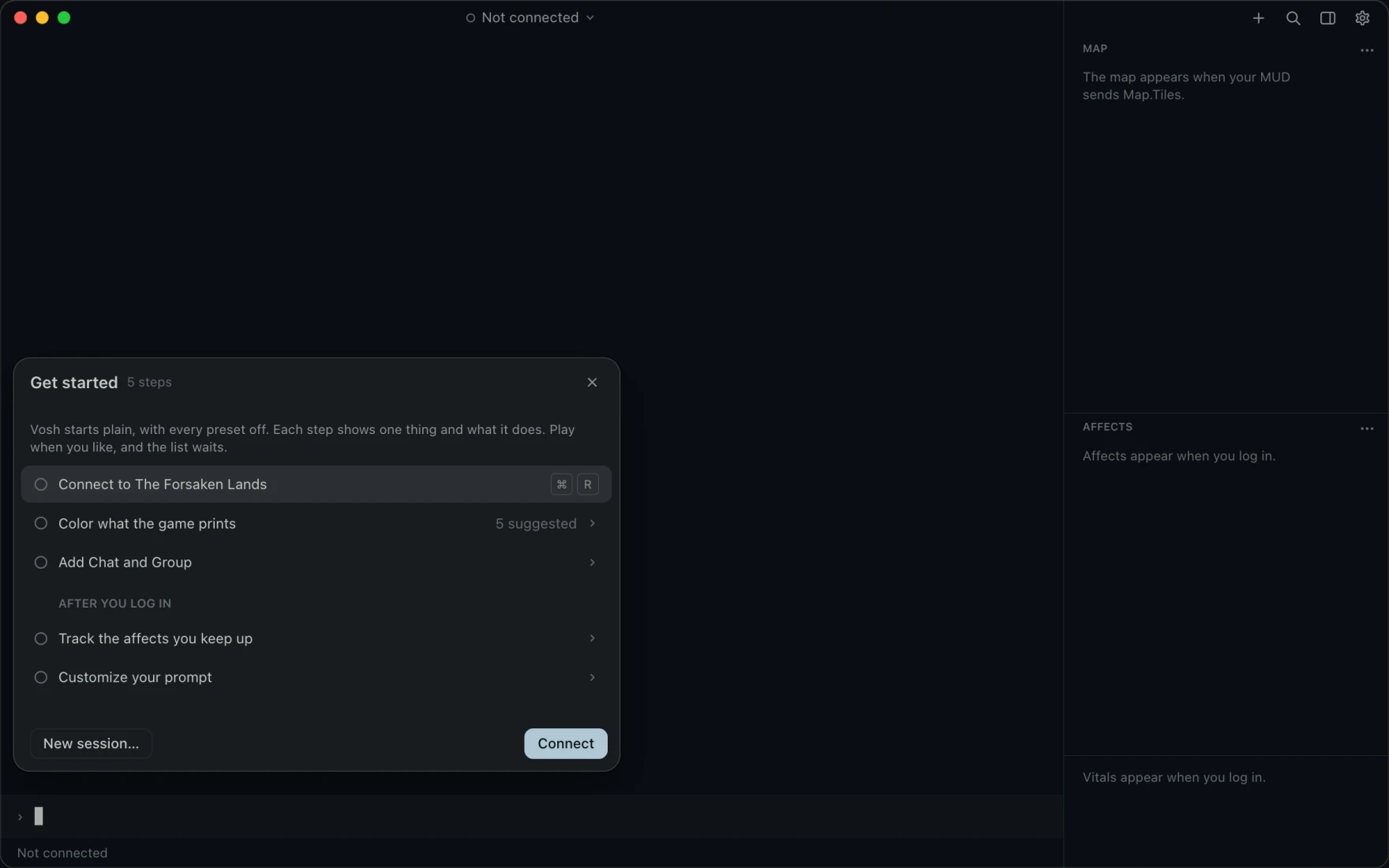 Get started open on a new install with five steps, from Connect to The Forsaken Lands to Customize your prompt, and New session and Connect at its foot.
