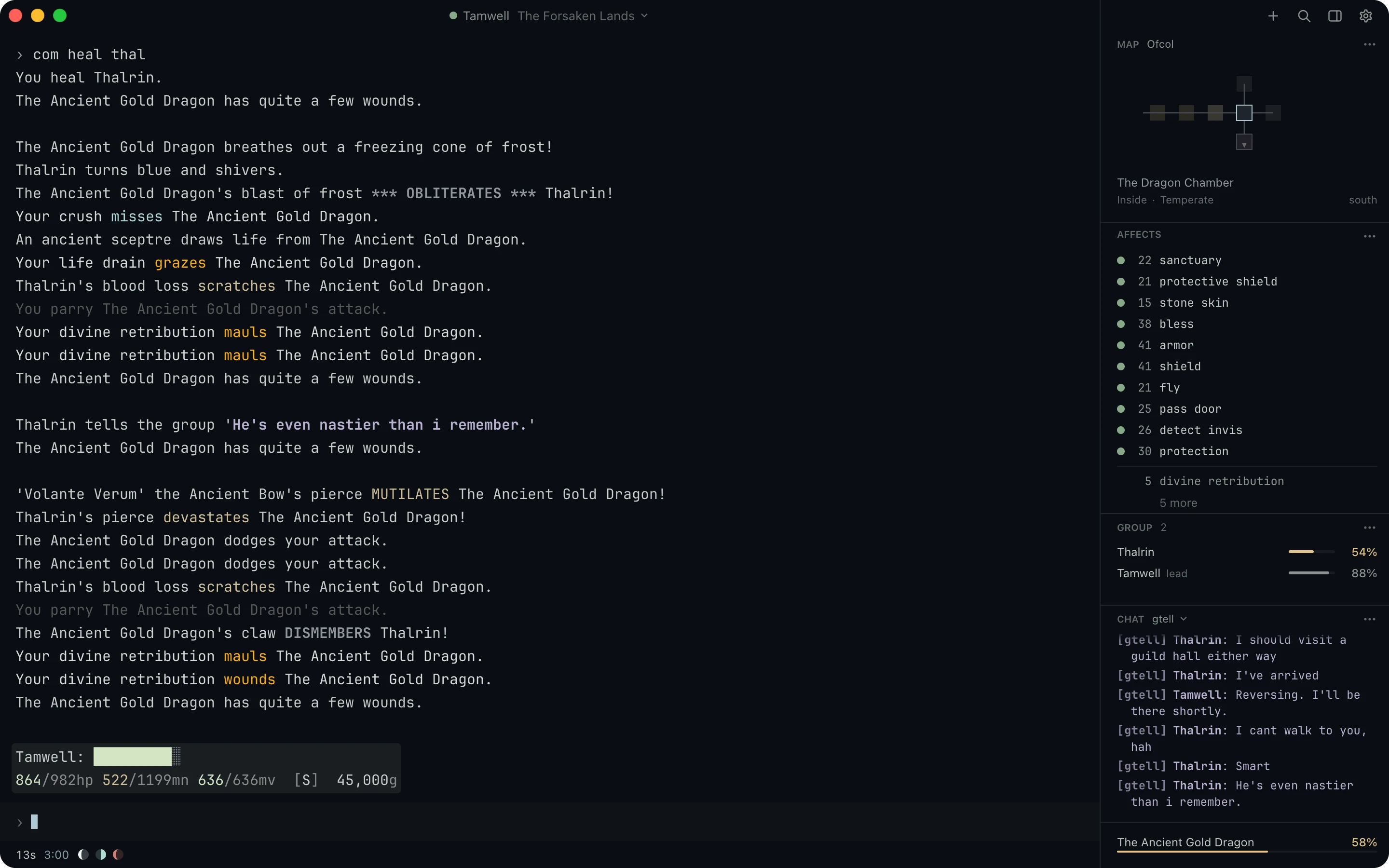 Vosh on the Kanso Zen theme in a fight with the Ancient Gold Dragon. The game text fills the left, the pinned prompt names Tamwell as the tank with a health gauge over the vitals, and the panel on the right holds the map, affects, group and group chat, with the dragon's health at its foot.