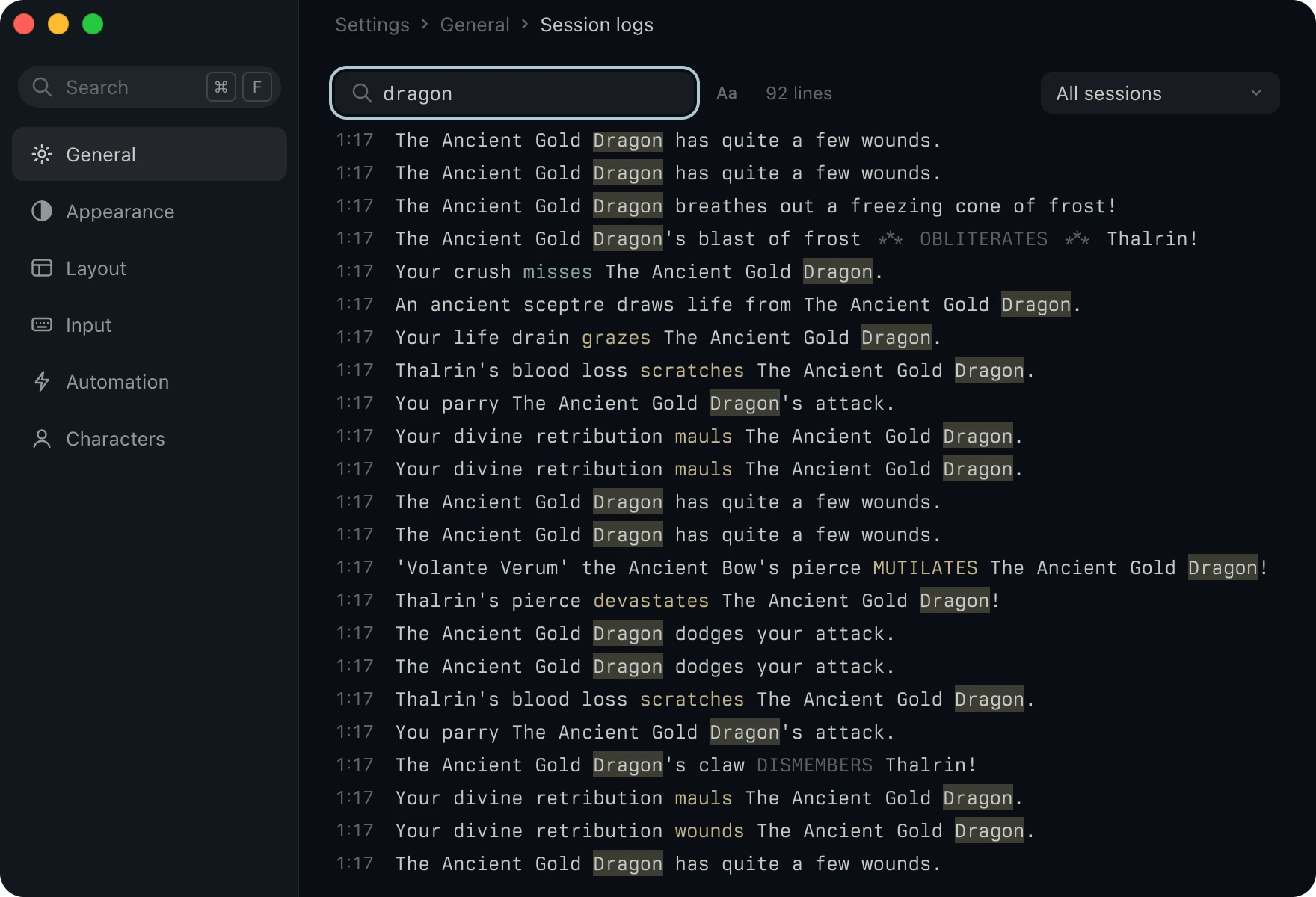 Session logs searching every log for dragon, with each match marked in the game's colors.