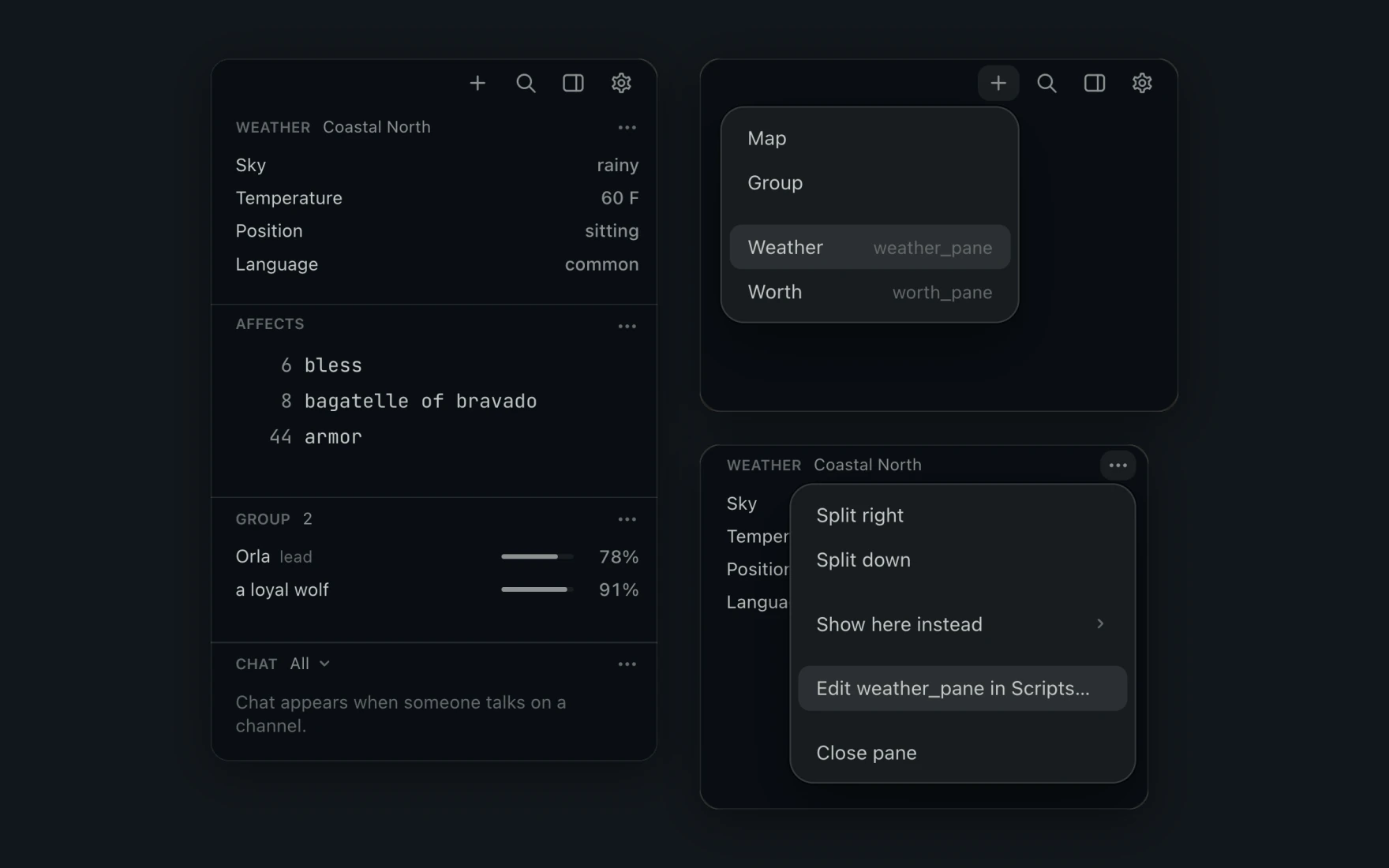 A Weather pane drawn by a Lua plugin at the top of the panel, over Affects, Group and Chat, with the add menu listing panes from plugins.