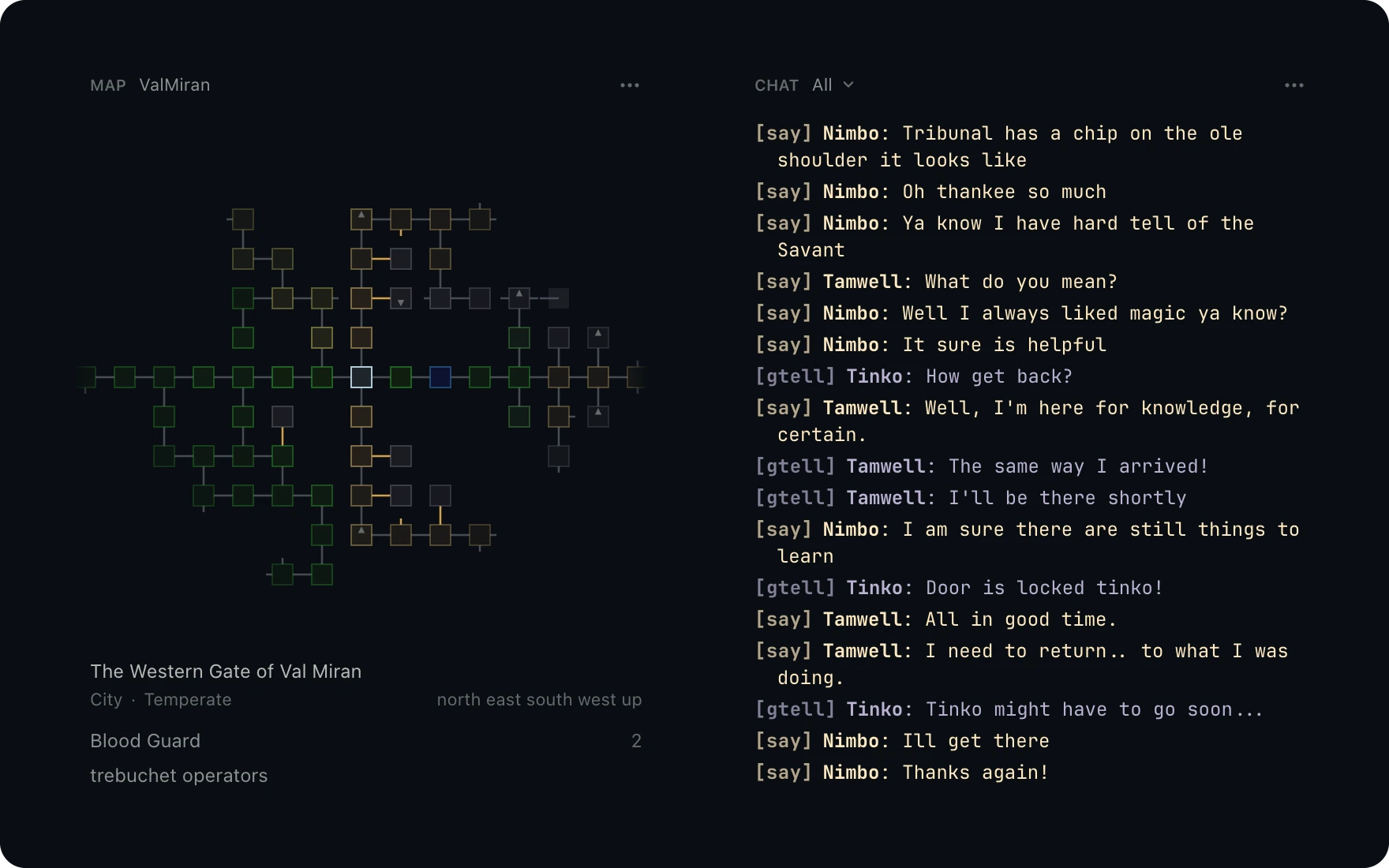 The map pane at the Western Gate of Val Miran beside the chat pane holding says and group tells.