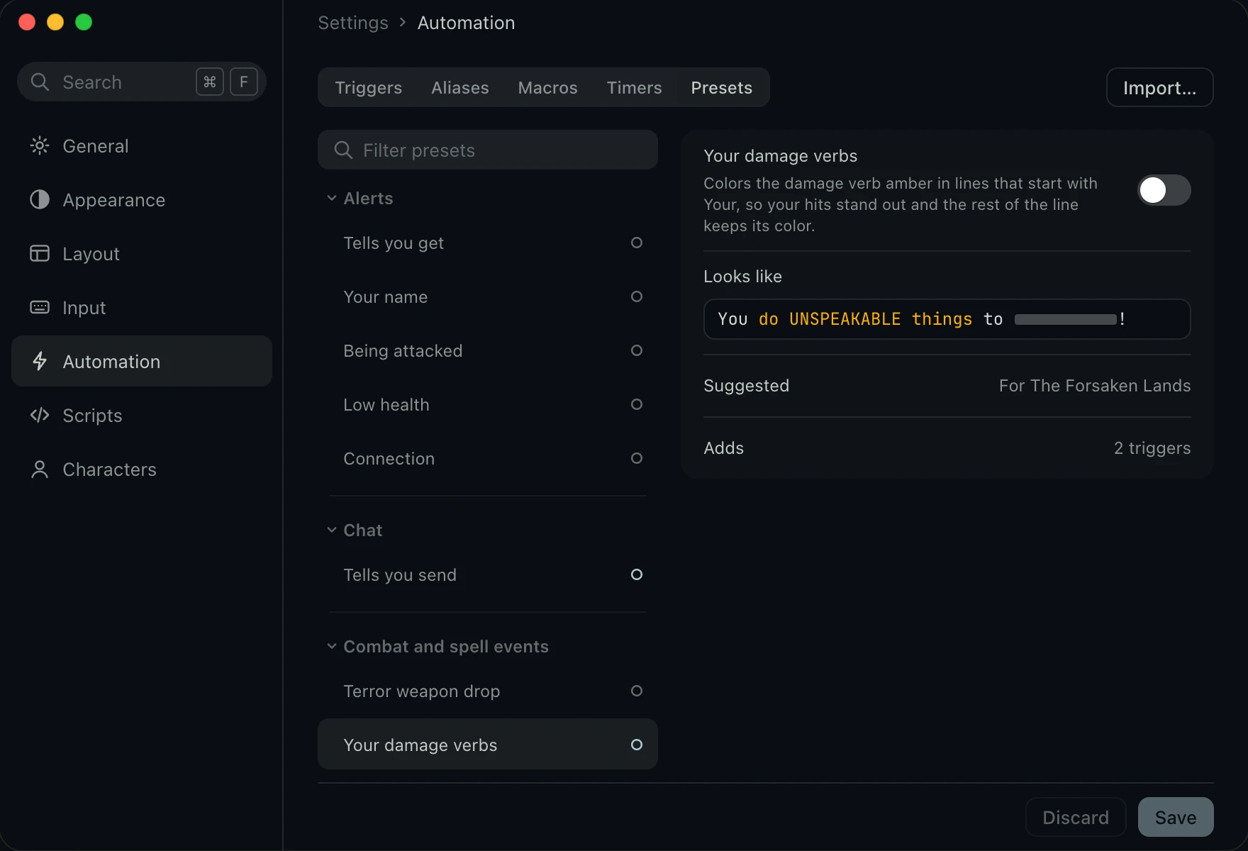 Presets in their groups, every one off, with Your damage verbs open.