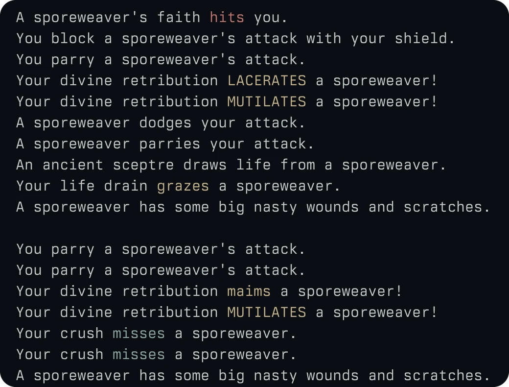 Seventeen lines of a fight with a sporeweaver in the colors the game sends.