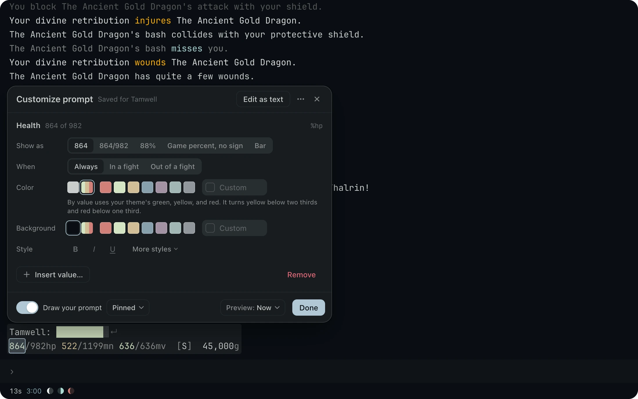 The Customize prompt card open over the pinned band in the dragon fight, with Health picked and its Show as, When, Color, Background and Style rows.