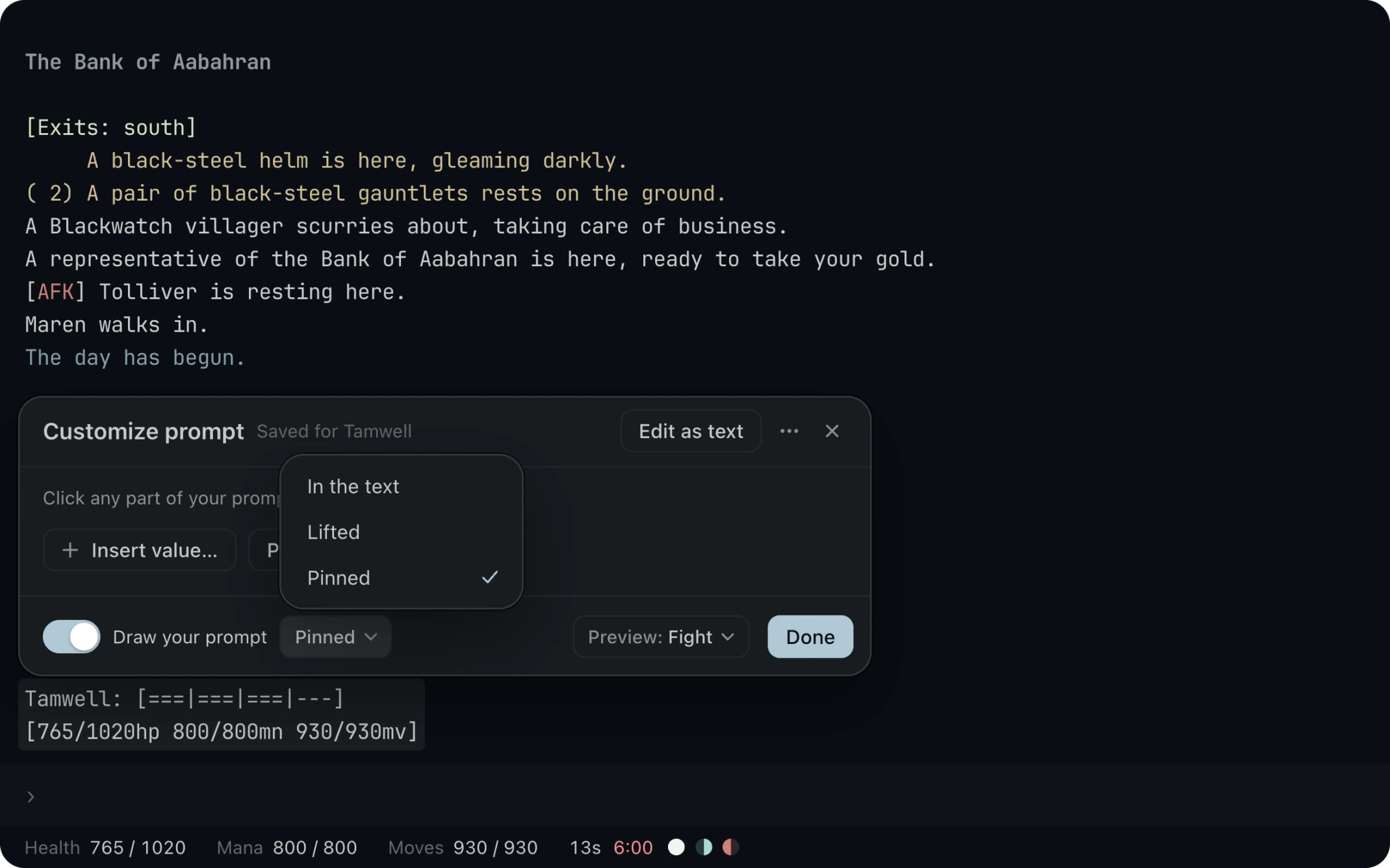 Customize prompt open over the Bank of Aabahran, with the menu of places open on Pinned, Preview set to Fight, and the pinned prompt below drawing the tank's health and your vitals.
