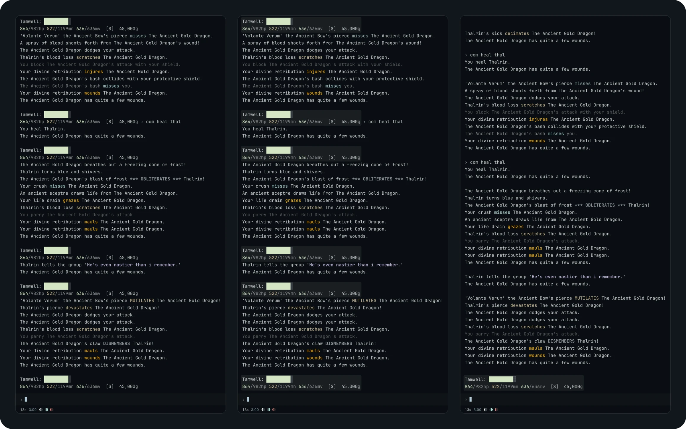 The same moment of the dragon fight three ways. On the left every prompt sits in the text, in the middle each prompt sits on a raised band, and on the right only the latest prompt shows, pinned above the command line.