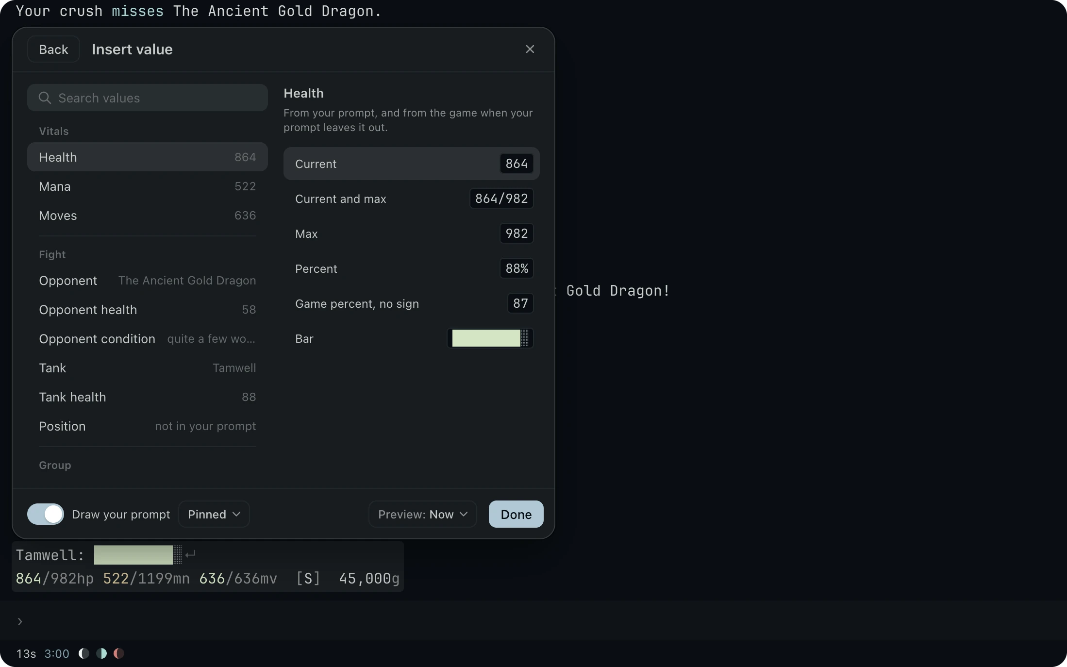 The Insert value picker in the prompt card, with Health picked and its forms Current, Current and max, Max, Percent, Game percent with no sign, and Bar drawn with live values.