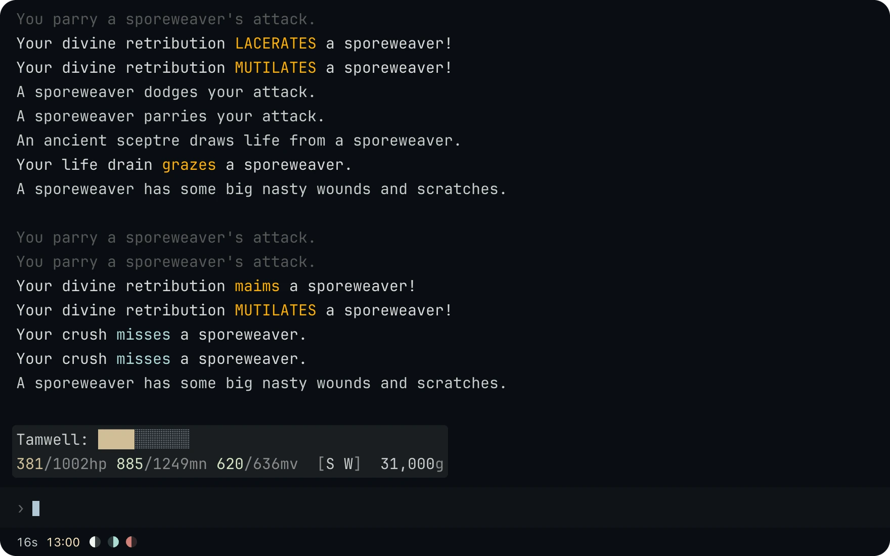 The pinned prompt under a fight with a sporeweaver, with Tamwell as the tank on a yellow gauge and 381 of 1002 health in the warn color.