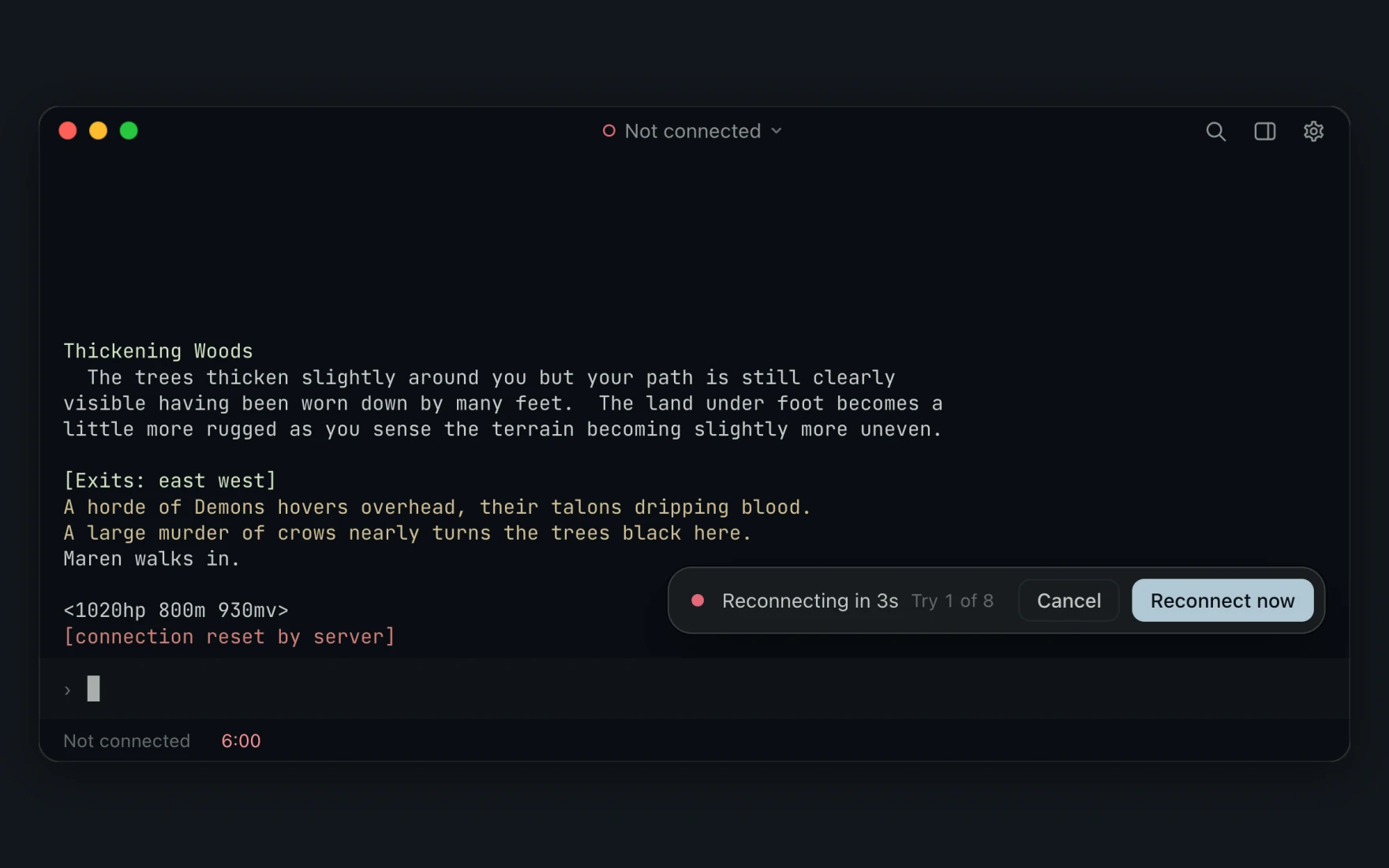 The connection reset by the server in Thickening Woods, and a notice reading Reconnecting in 3s, Try 1 of 8, with Cancel and Reconnect now.