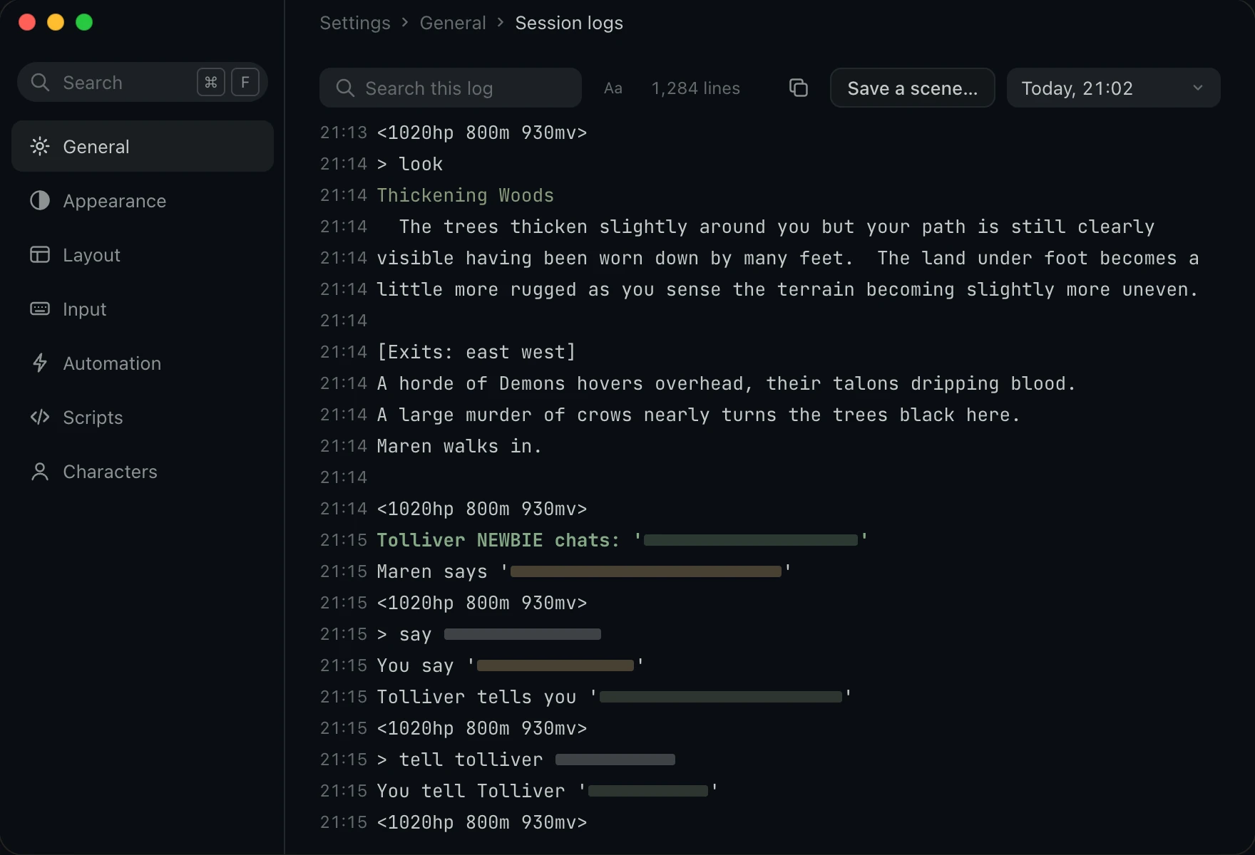 Session logs with one log picked, Thickening Woods in view, and Save a scene in the toolbar. Grey bars stand in for what players said.