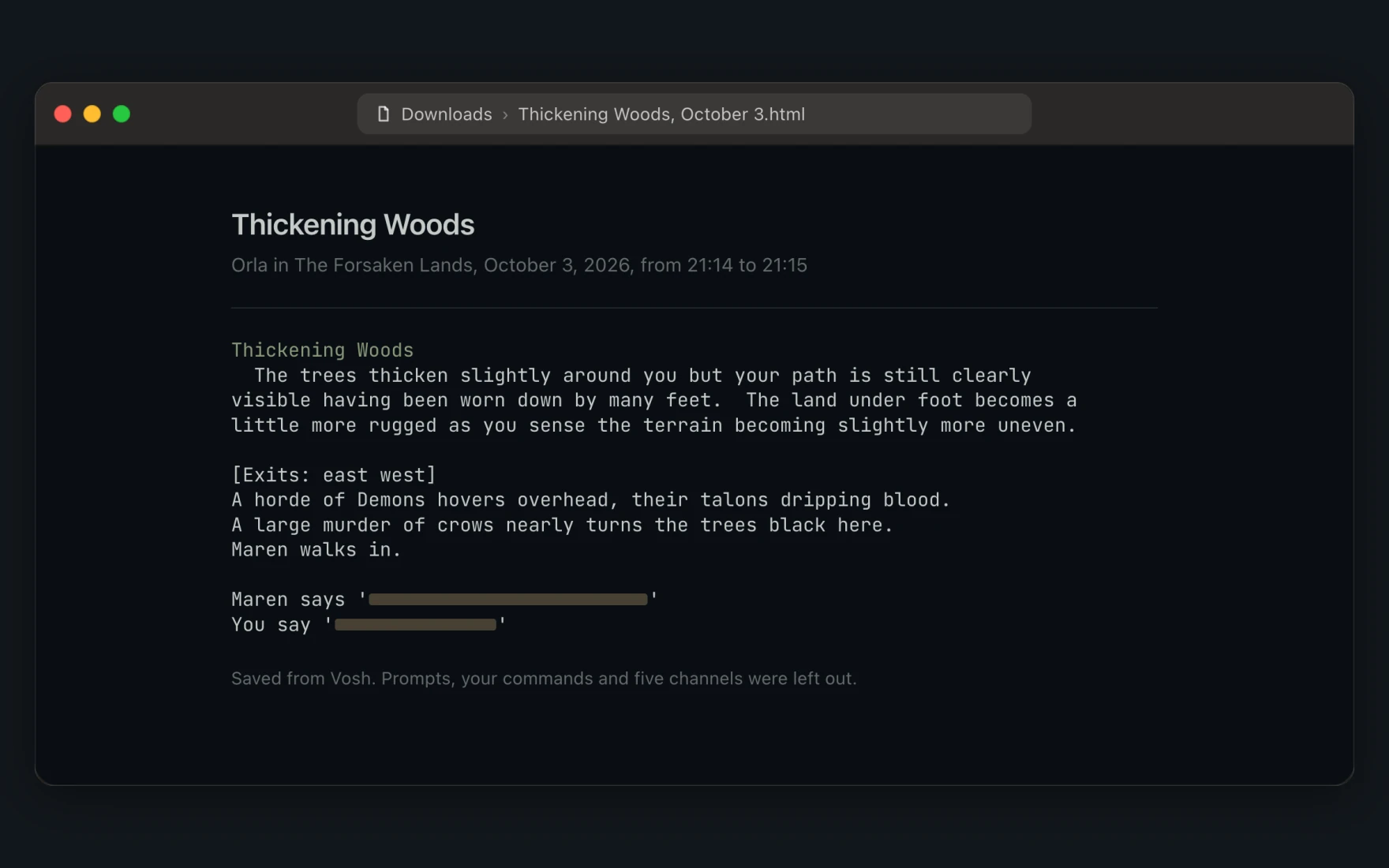 A saved scene open in a browser, Thickening Woods with the character's name, the date and the time, the room in the game's colors, and a note of what was left out. Grey bars stand in for what players said.