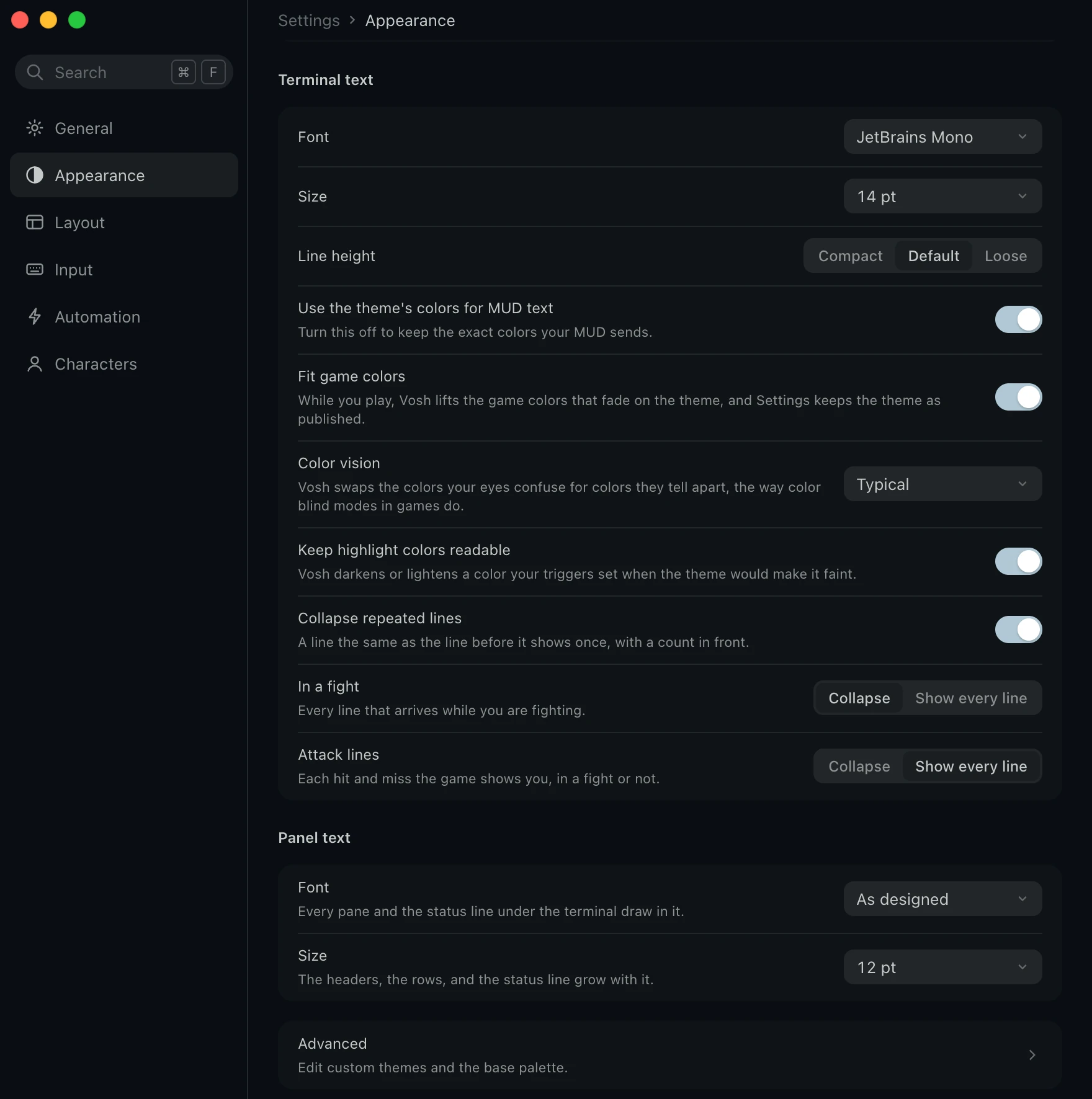 Terminal text with JetBrains Mono, Fit game colors, Color vision and Keep highlight colors readable.