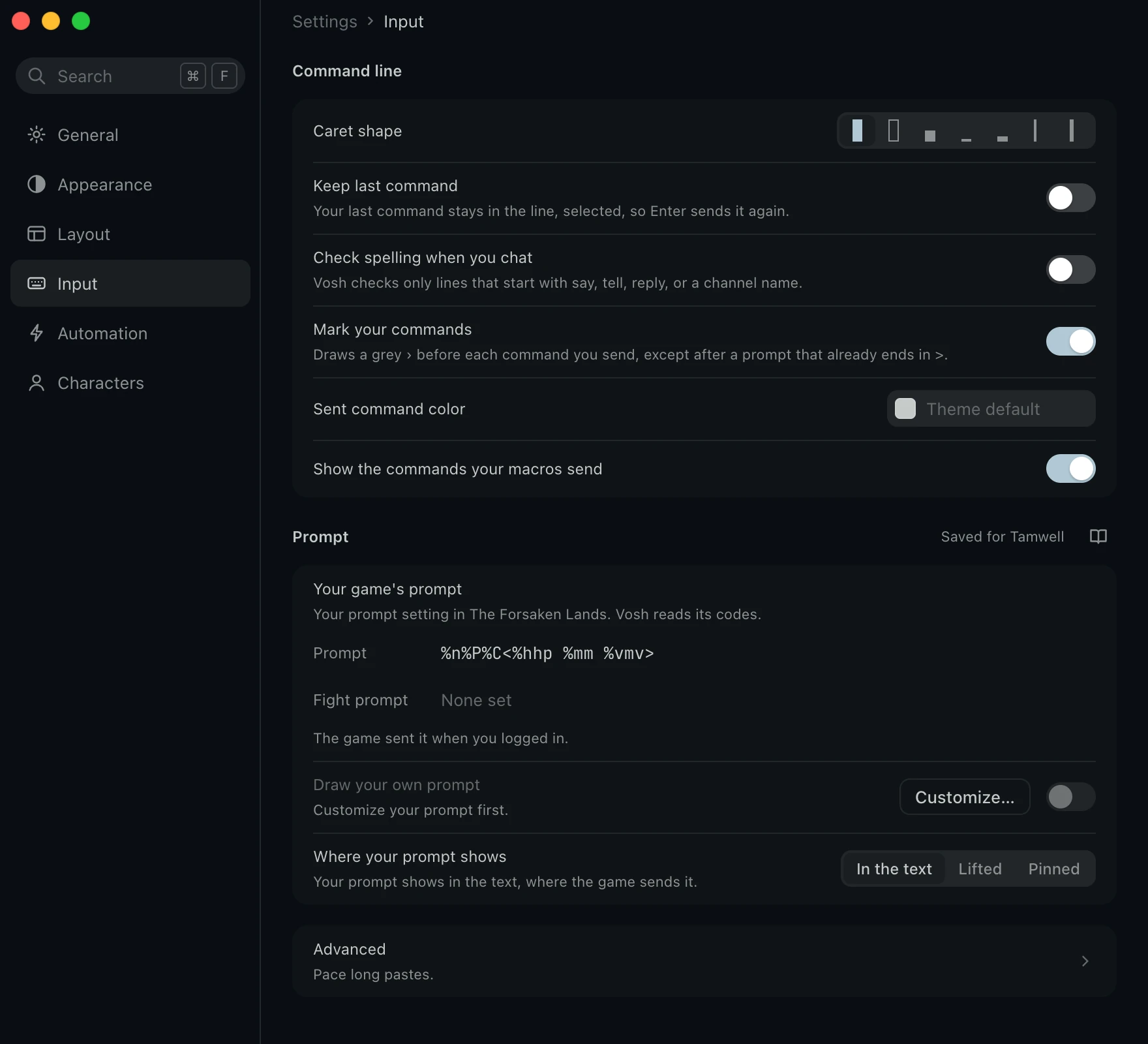 Input, with your game's prompt, Draw your own prompt with Customize, and Where your prompt shows.