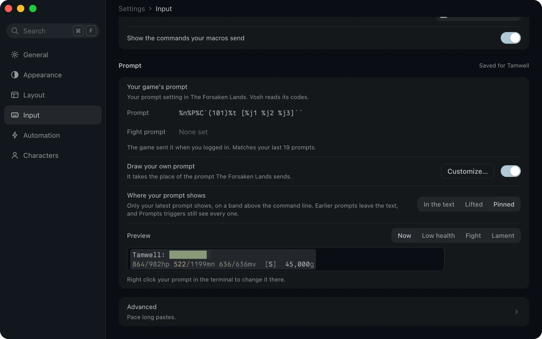 Settings open on Input at the Prompt section, with the game prompt Vosh reads, Draw your own prompt on, Pinned picked, and a preview of the default design.
