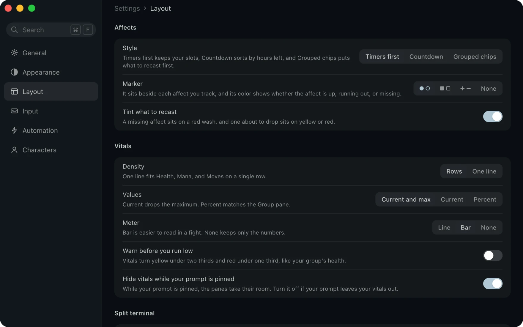 Settings open on Layout, with the Affects card for Style, Marker and Tint what to recast, and the Vitals card with Hide vitals while your prompt is pinned turned on.