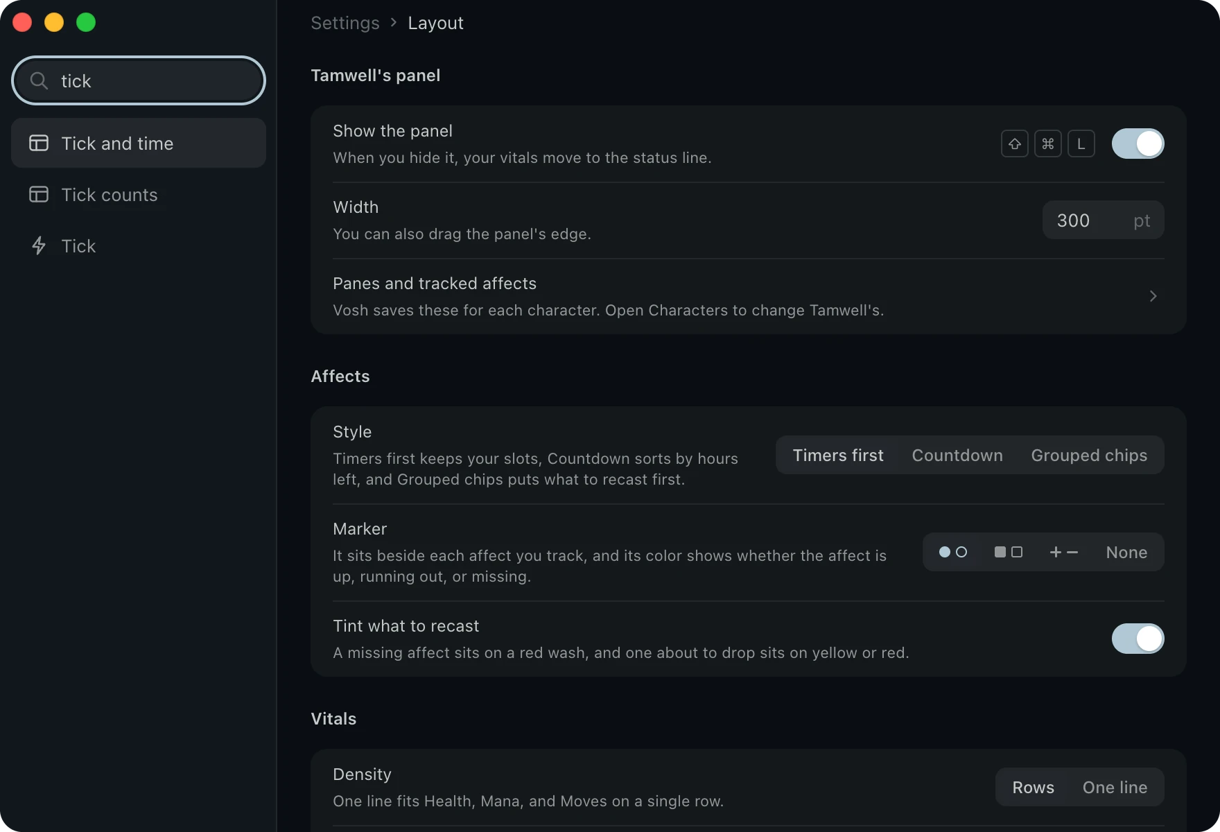 The Settings sidebar with tick in the search and three results.