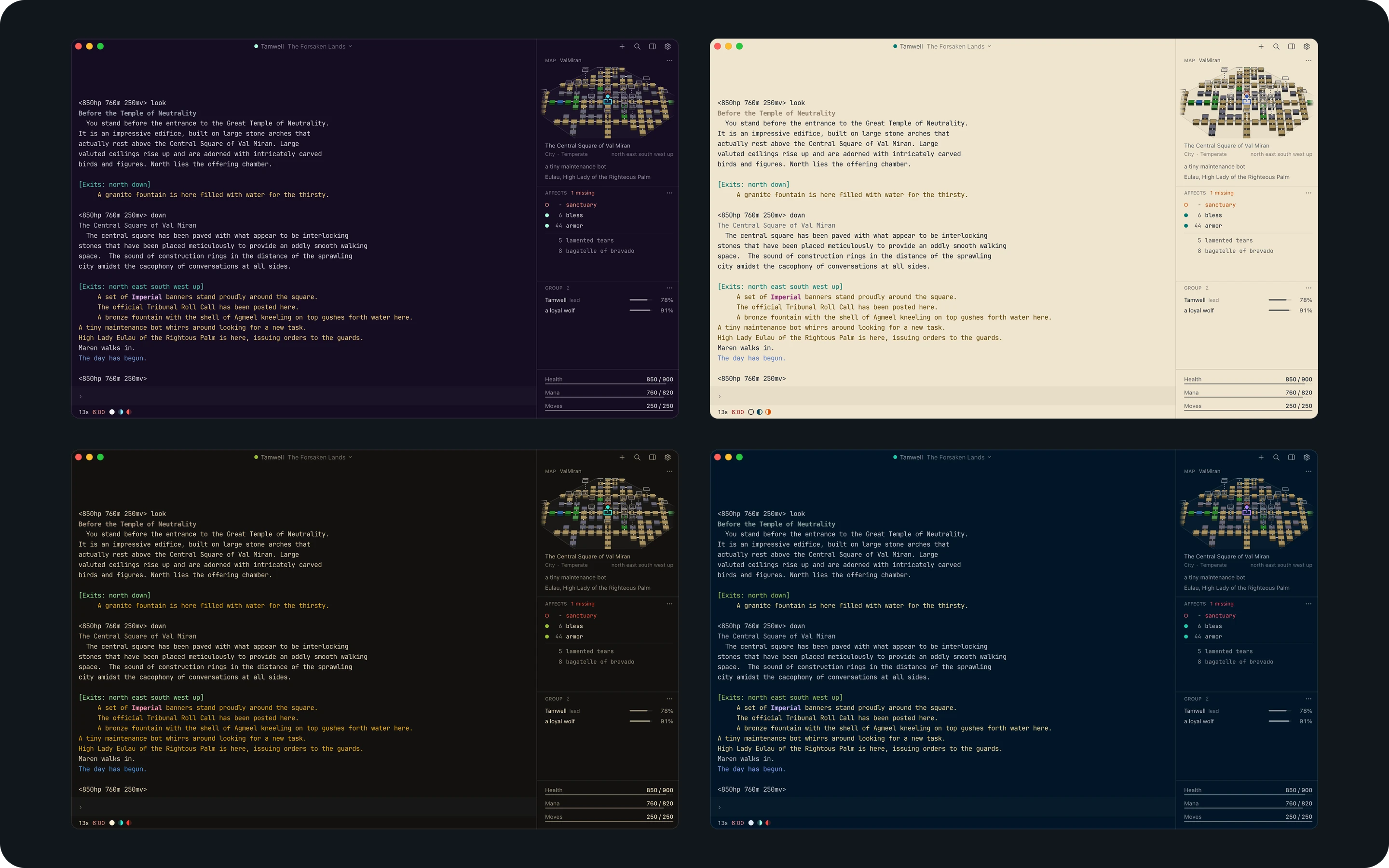 The Central Square of Val Miran in four themes, Triad, Rubric, Srcery and Nightfly.