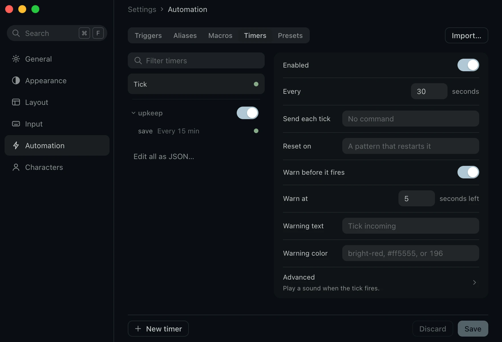 The Tick open under Timers, every 30 seconds, with Warn before it fires on, beside a timer of your own.