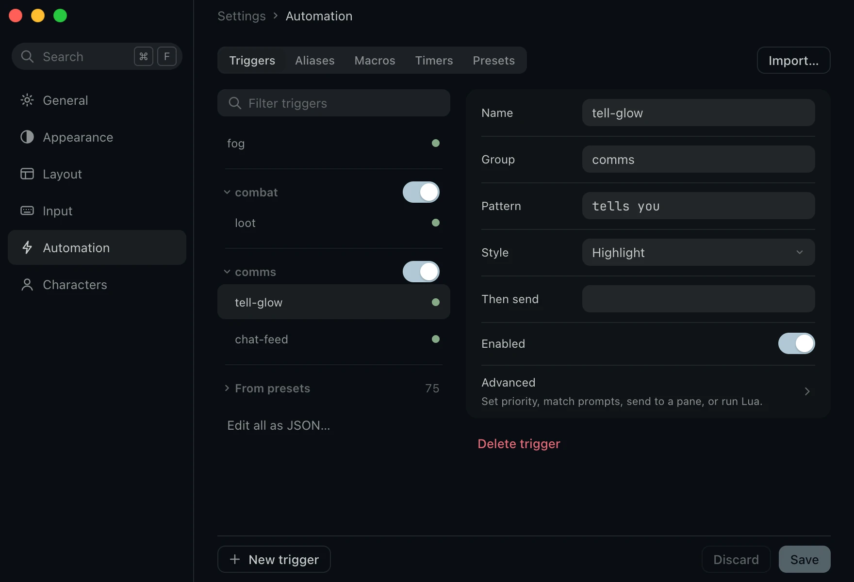 Triggers, with the combat and comms groups each behind a switch, and tell-glow open.
