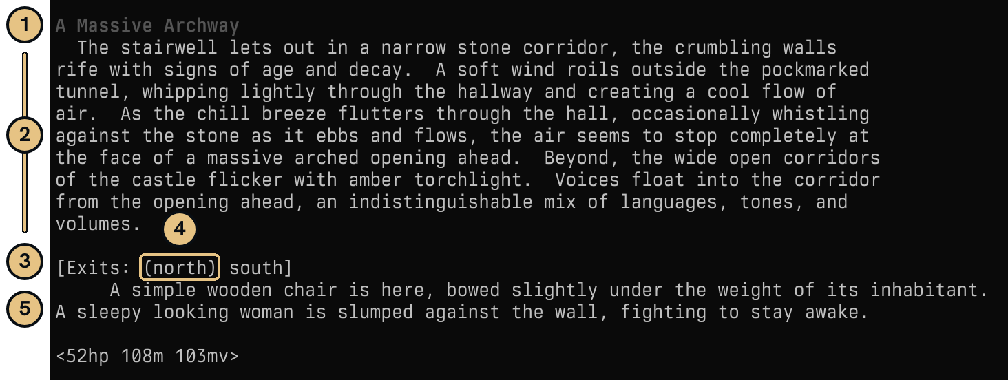 Game text for a room called A Massive Archway. The exits line reads [Exits: (north) south].