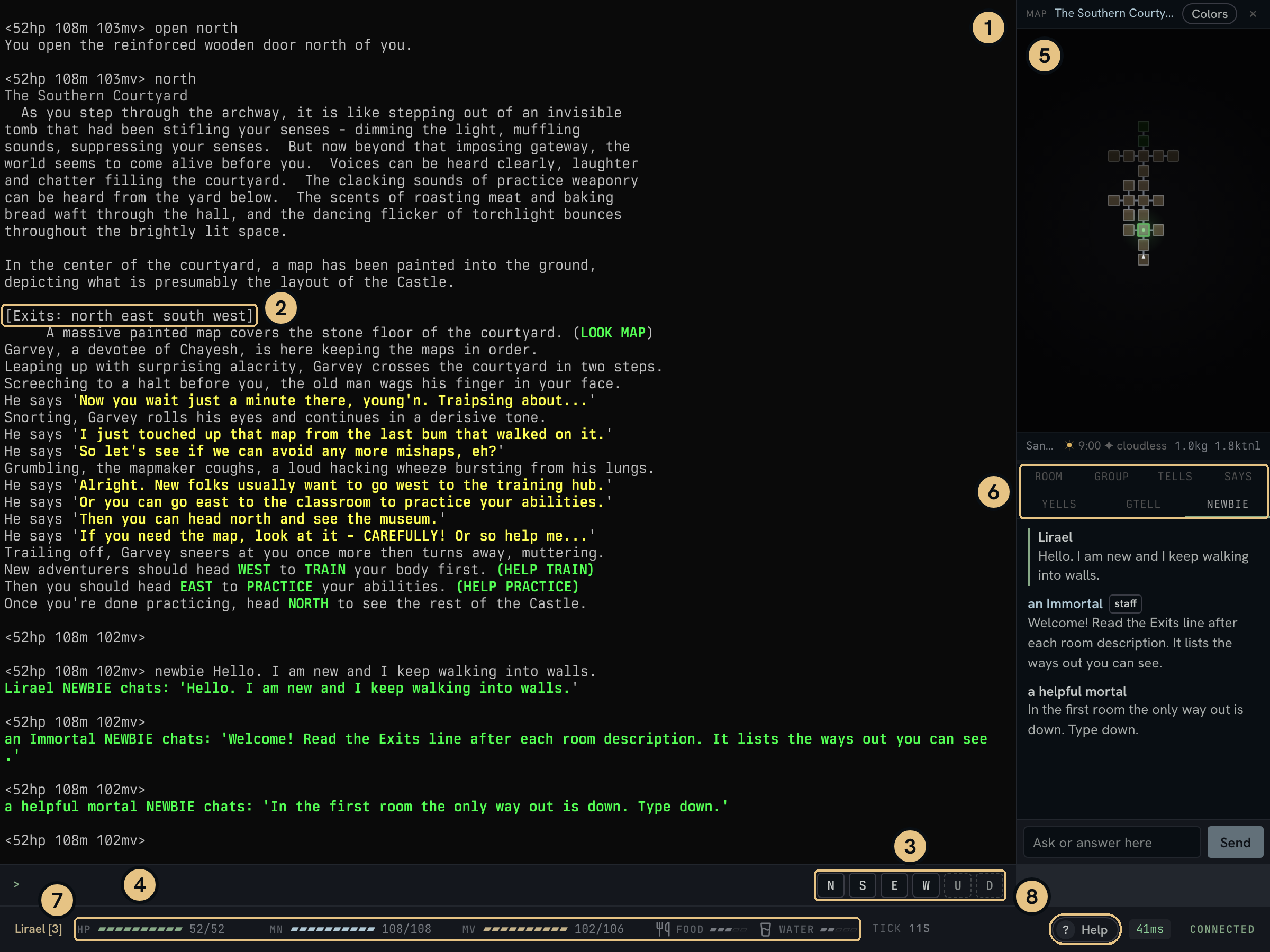 The game screen on a computer. Game text fills the middle. The map and the chat tabs are on the right. The typing box, the walk buttons and the bars are at the bottom.